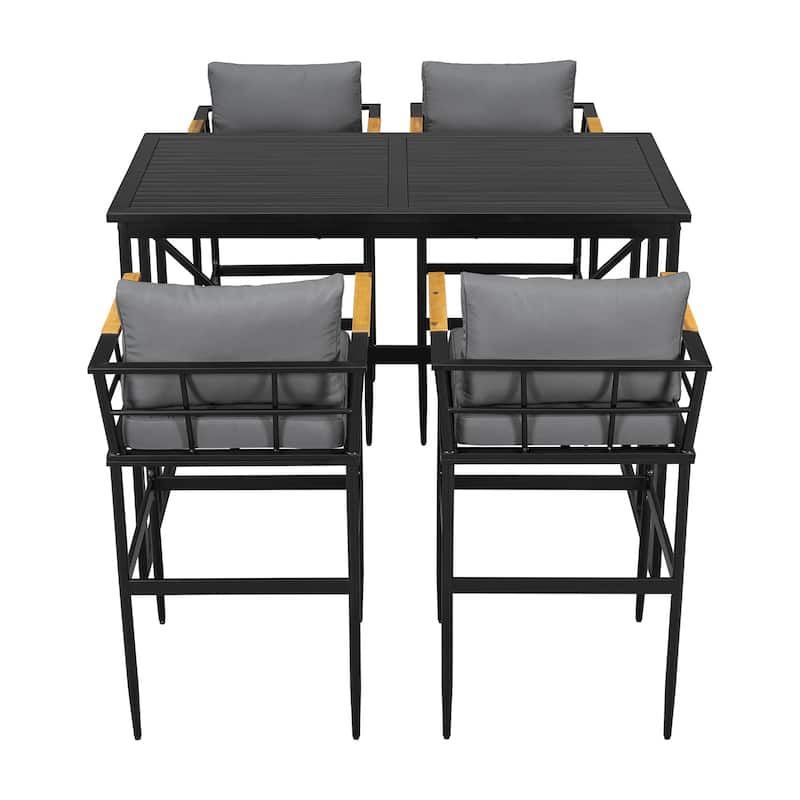 5-Piece Outdoor Dining Set with Iron Frame and Acacia Wood Armrests, Cushioned Chairs for Comfortable Patio and Backyard Seating