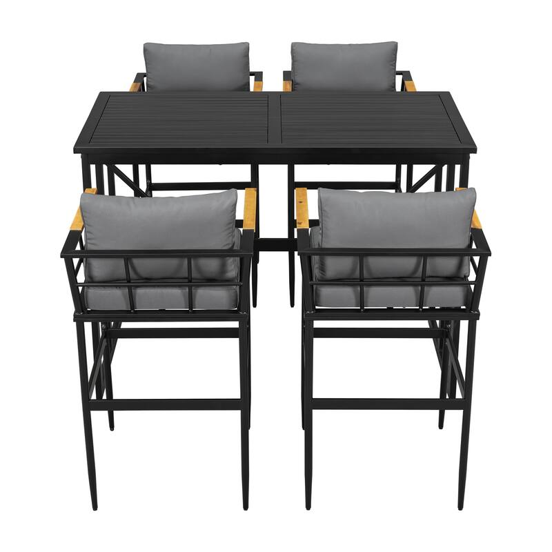 Outdoor Patio Metal Dining Set with Acacia Wood Armrest Suitable for Patio, Balcony or Backyard