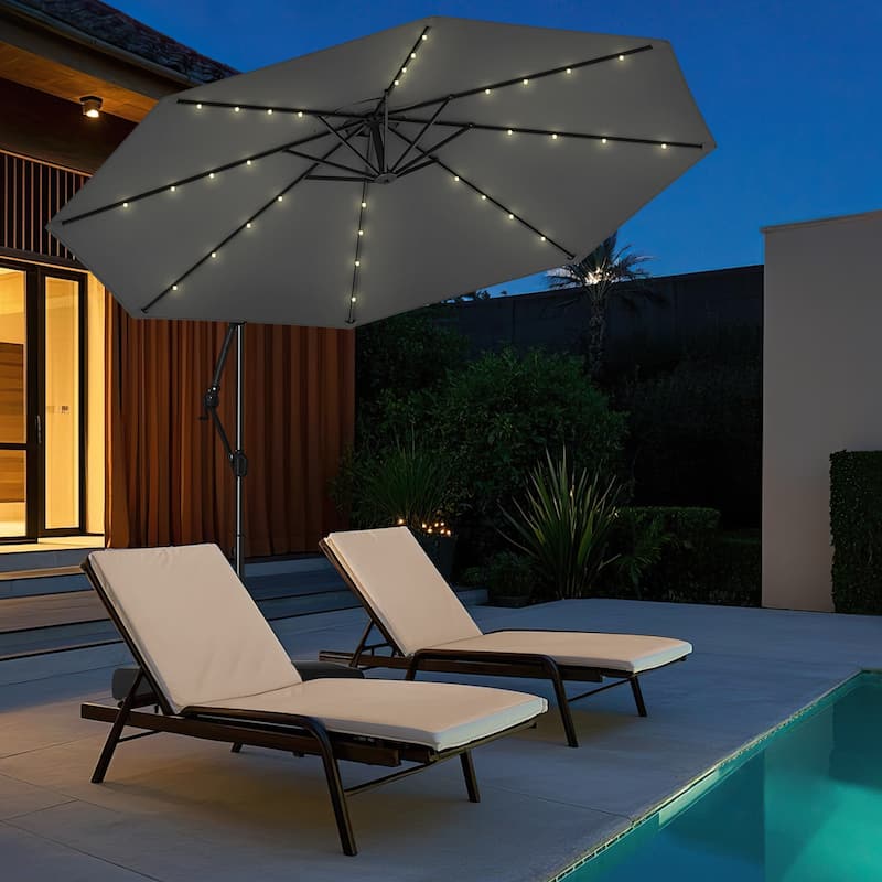 Large 10 Feet Patio Offset Umbrella with Stable Crossed Base and Solar LED Lights for Outdoor
