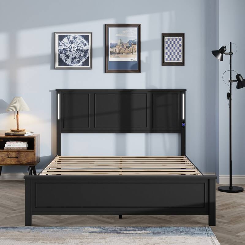 Platform Bed Frame with Wood Headboard and Footboard,Charging Station and LED Lights