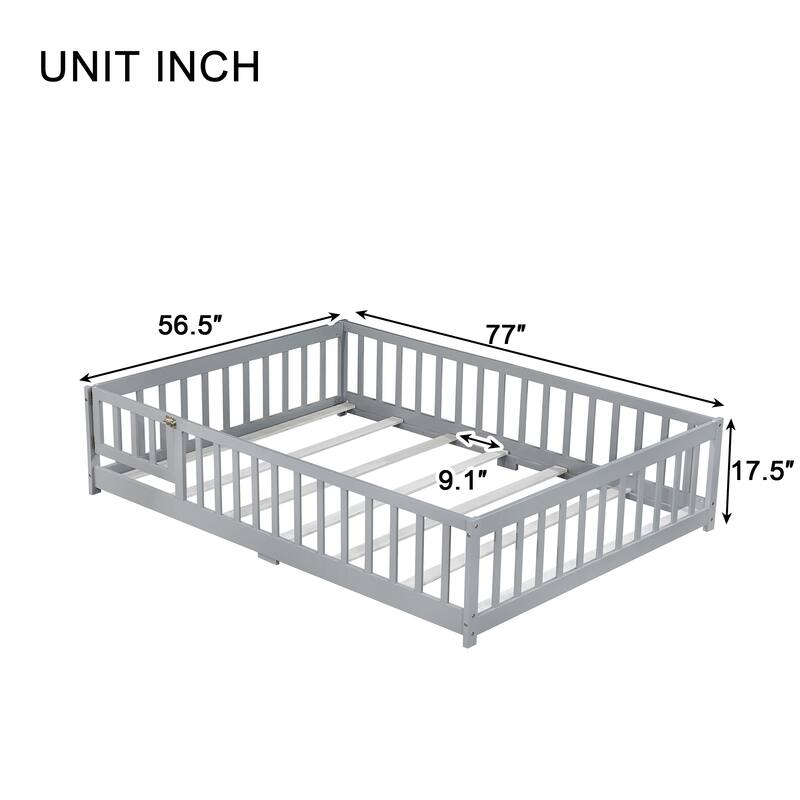 Full Size Rubber Wood Floor Bed with Fence, Door and Safety Guardrails for Kids