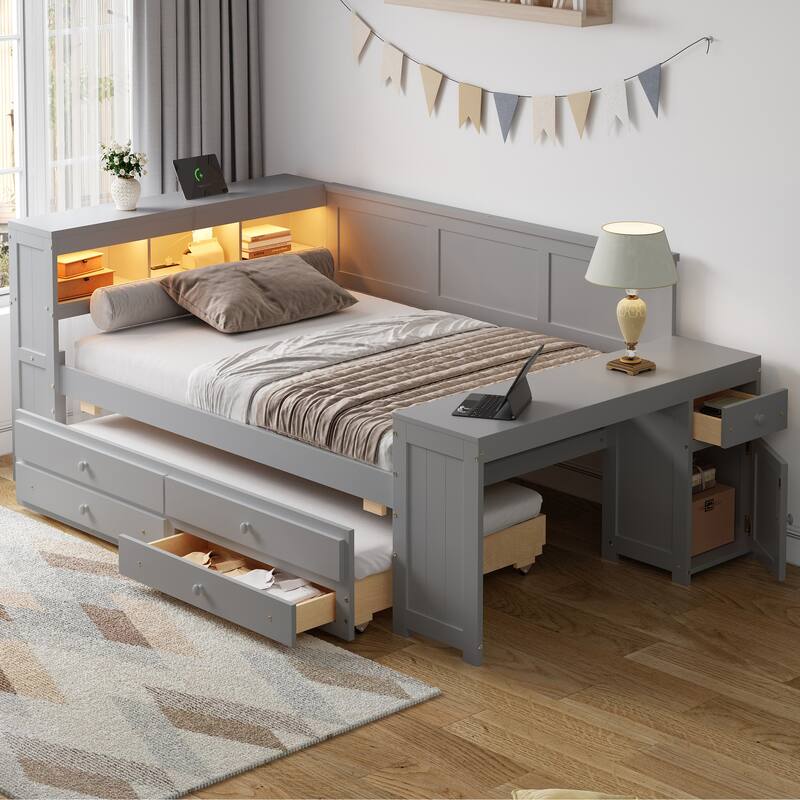 Full Size Daybed with Storage Shelves, Drawers, Trundle, Charging Station, LED Light, Desk and Cabinet - Gray