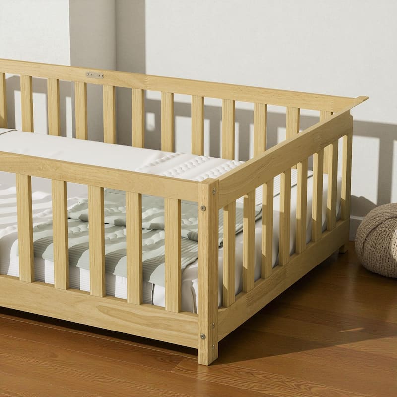 Twin Size Wooden Floor Bed with Fence, Solid Rubber Wood Montessori Bed Frame with Safety Guardrails for Kids