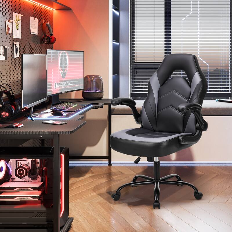 Ergonomic Gaming Office Chair, Adjustable PU Leather Executive Desk Chair with Flip-Up Armrests & Lumbar Support - Grey/Black