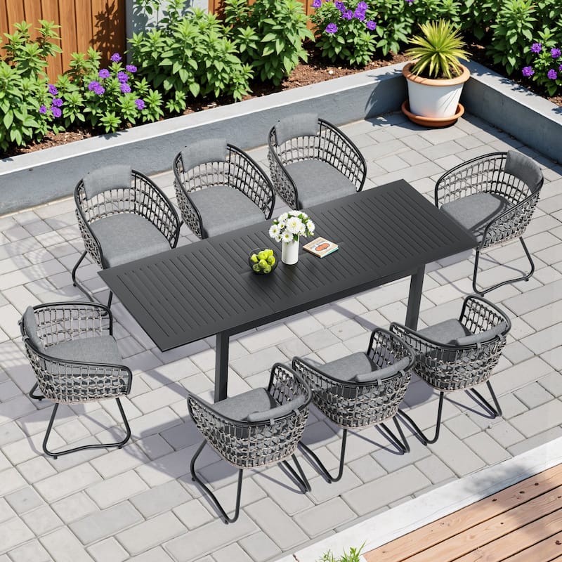 9-Piece Outdoor Dining Set Expandable Aluminum Dining Table Rectangular with PE Rattan Chairs - Grey