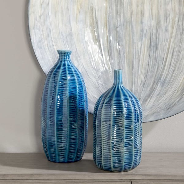 Shop Set Of 2 Carved Cobalt Blue Contemporary Vases 15 Free