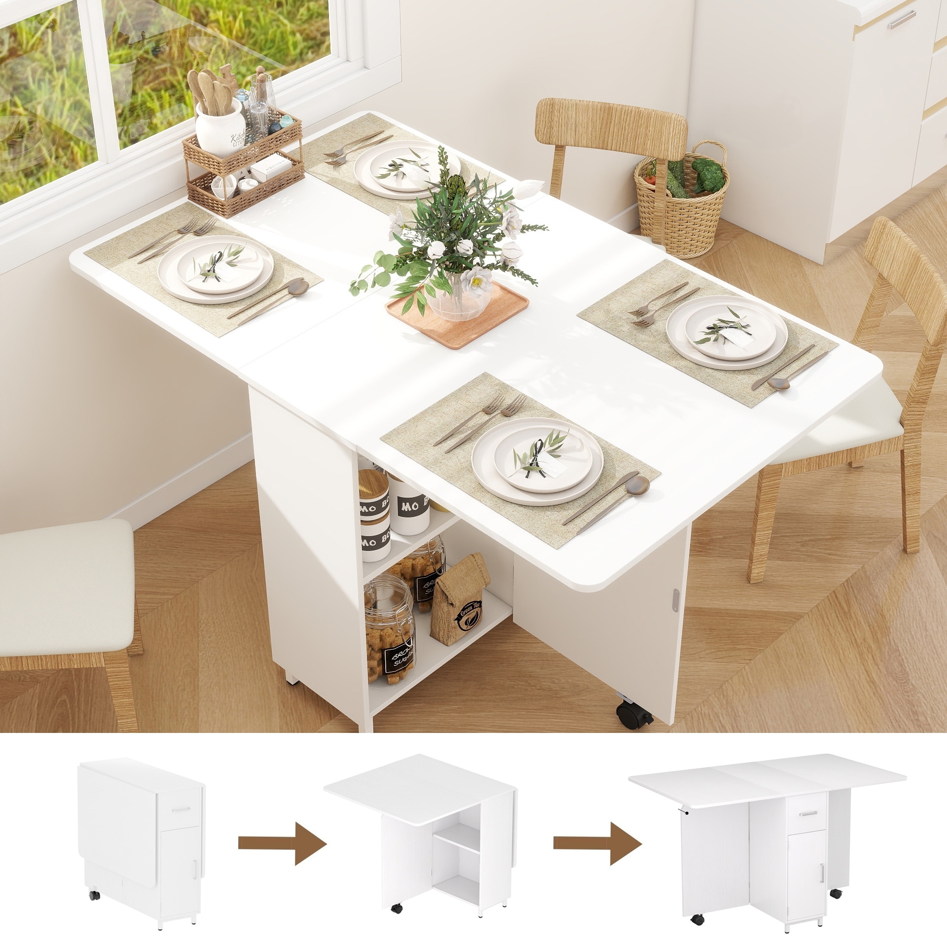Modern Farmhouse Foldable Dining Table with Storage Cabinet