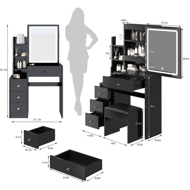 Left Bedside Cabinet Makeup Vanity Table Set with Stool and LED Mirror