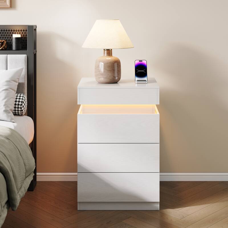 Nightstand with Built-In Charging Station and LED Lighting, 3-Drawer Sliding-Top Modern Bedside Table - White Oak