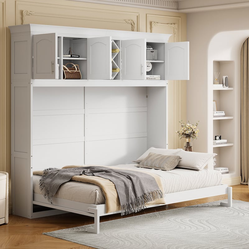 Queen Size Wall Murphy Bed with Storage, Wood Foldable Platform Bed Frame with Top Cabinets and Wine Rack