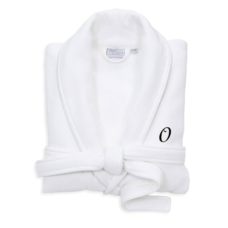Authentic Hotel and Spa White Unisex Turkish Cotton Waffle Weave Terry Bath Robe with Black Script Monogram - S/M - O
