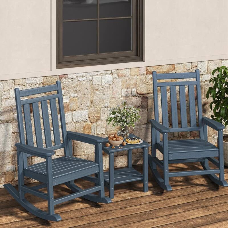 2 PCS HDPE Rocking Chair Outdoor, Porch Rocker Chairs for Patio Front Porch with 1 Table - Blue