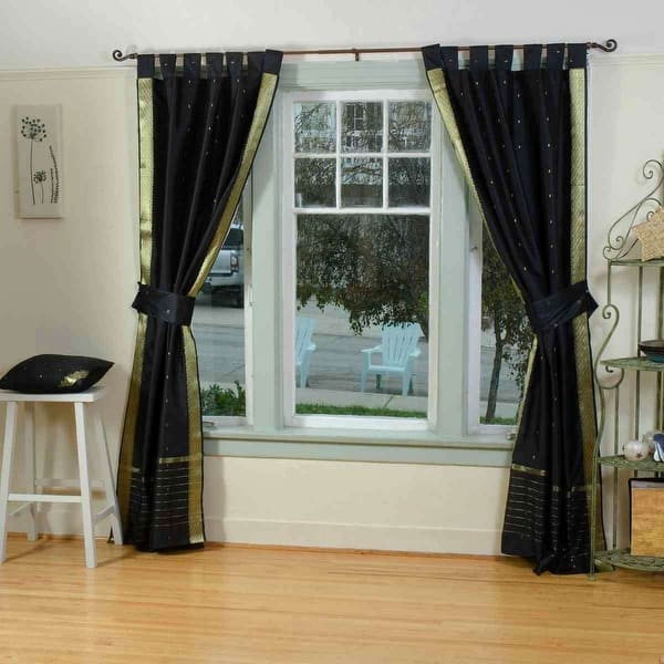 slide 1 of 1, Indo Black Tab Top Sari Sheer Curtain (43 in. x 84 in.) with matching tieback - 43 X 84 Inches (109 X 213 Cms) Black - 43 X 84 Inches (109 X 213 Cms) - 84 Inches