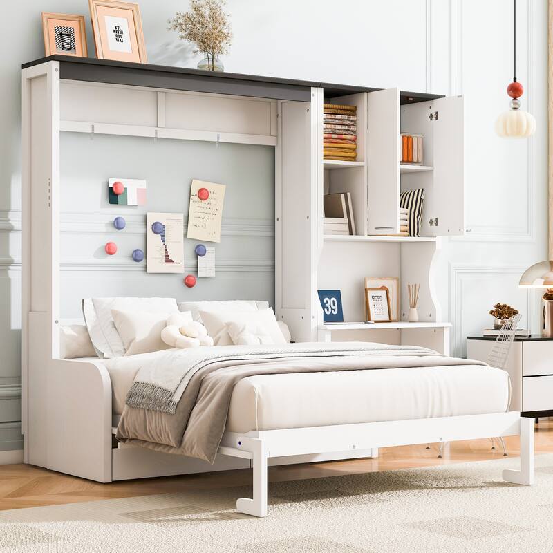 Space-saving Foldable Bed Design Murphy Bed Foldable Platform Bed with Sofa, All-in-one Storage Bookcase Cabinet and Desk
