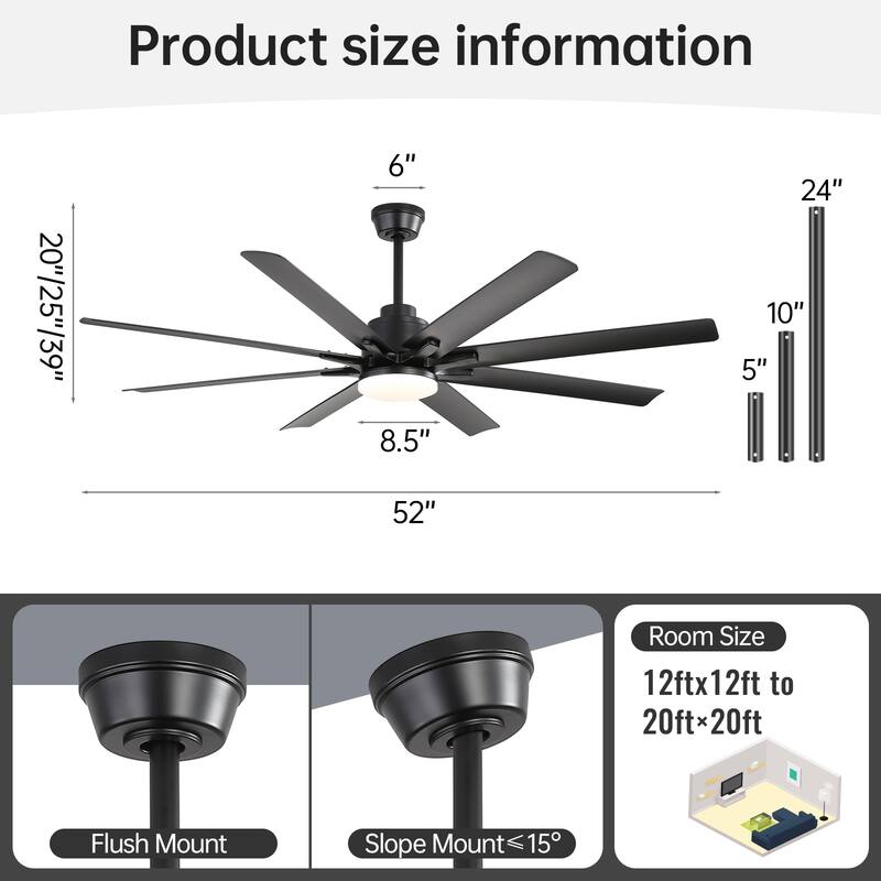 52 Inch/66 Inch/72 Inch Modern Ceiling Fan with Dimmable LED Light ,Remote&APP Control,8 Blades for Large Living Room,Porch