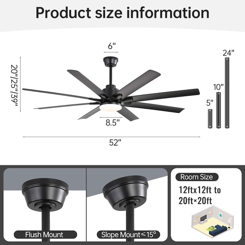 52 Inch Flush Mount Smart Ceiling Fan with Light, APP and Remote Control, Low Profile - 52 inch