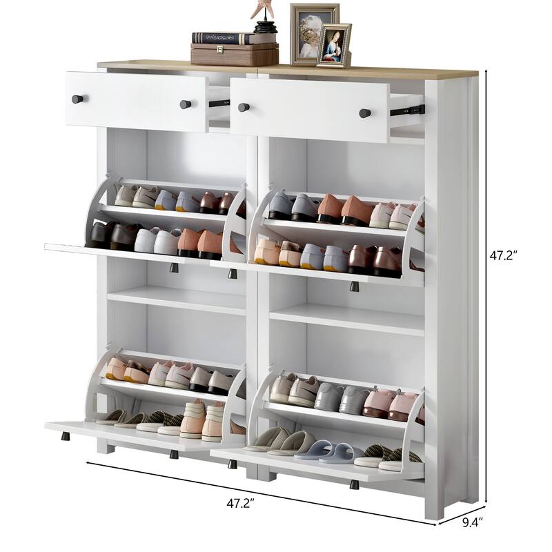 Slim Shoe Cabinet Set with 4 Flip Drawers, Wood Grain Pattern Top Shoe Storage Solution with Adjustable Panel