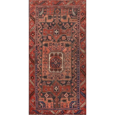 Hand Knotted Oriental 100% Wool Carpet Traditional Geometric Navy Blue & Blues Hamedan Runner Rug - 8' 9'' X 3' 8''