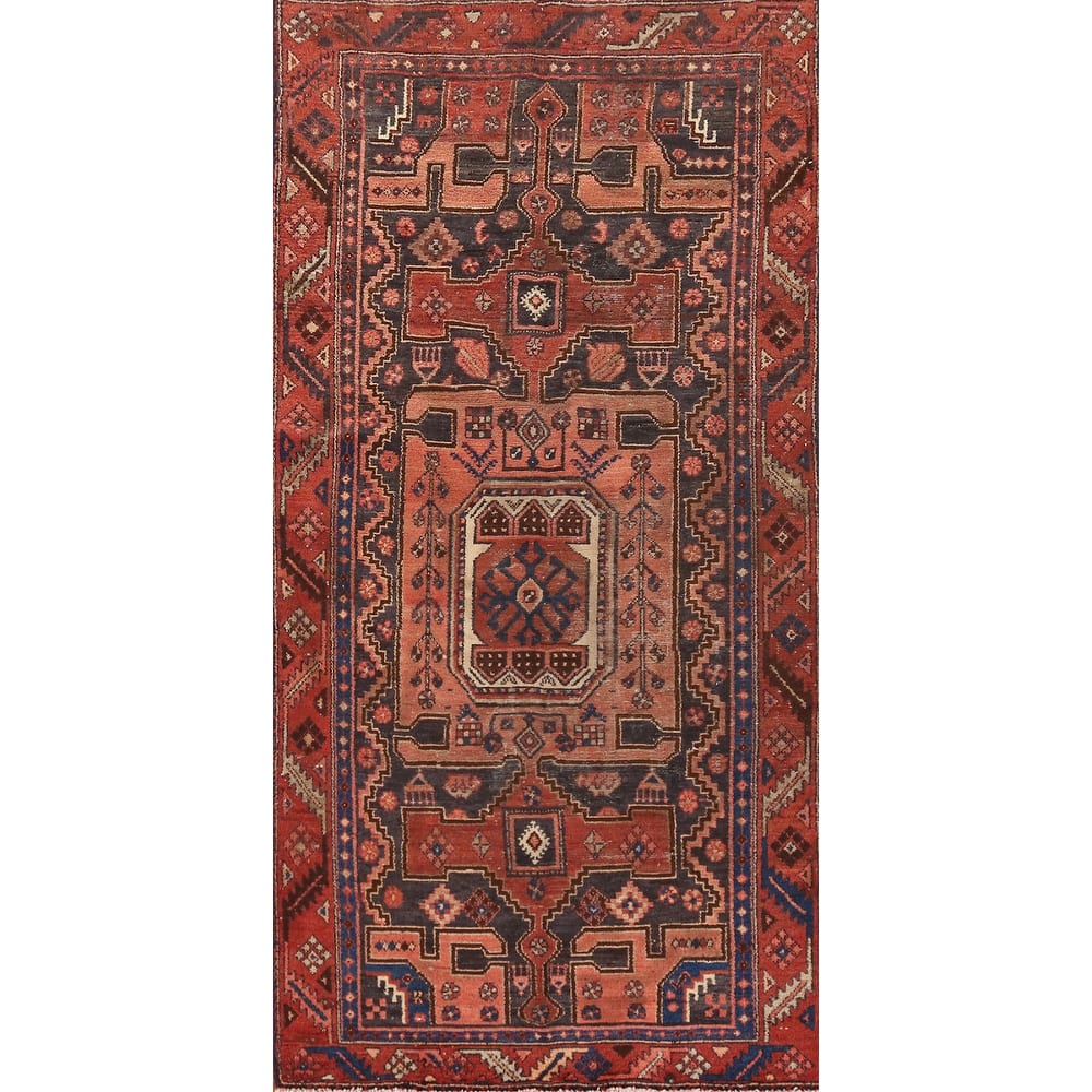 Hand Knotted Oriental 100% Wool Carpet Traditional Geometric Navy Blue & Blues Hamedan Runner Rug - 8' 9'' X 3' 8''