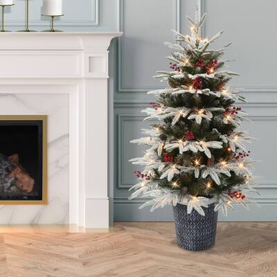 Puleo International 4.5 ft. Pre-lit Potted Flocked Halifax Fir Artificial Christmas Tree