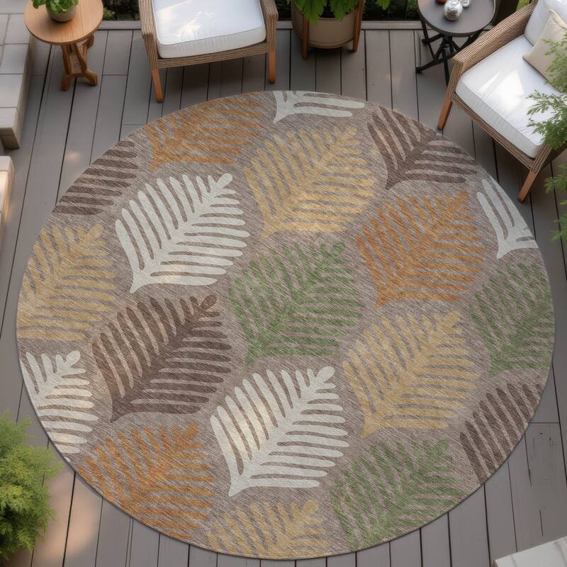 Machine Washable Indoor/ Outdoor Modern Fern Chantille Rug - Taupe - 8' x 8'