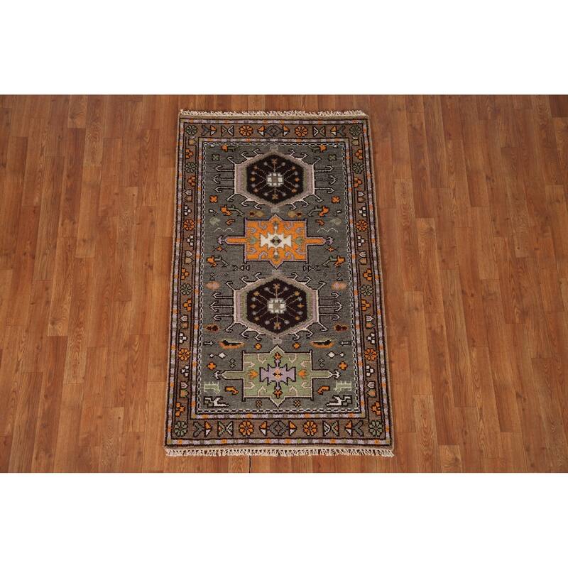 Geometric Grey Kazak Indian Rug Hand-Knotted Wool Carpet - 3'0"x 5'0"