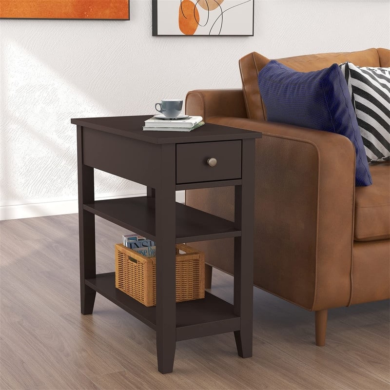 Narrow End Table with Drawer and Shelf - 11.22"D x 23.62"W x 24.02"H - Espresso