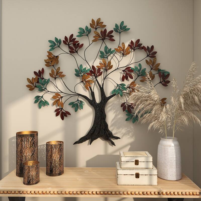 Multi Colored Metal Tree Home Wall Decor with Leaf Detail