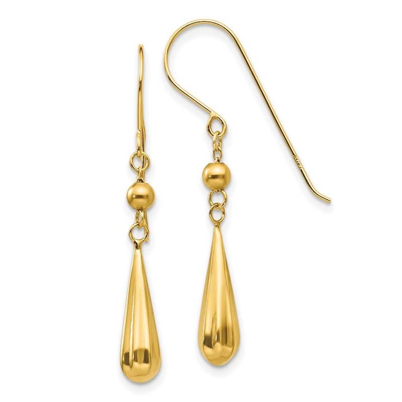Curata 14k Yellow Gold 37x5mm Textured Grooved Puffed Teardrop Hook Earrings