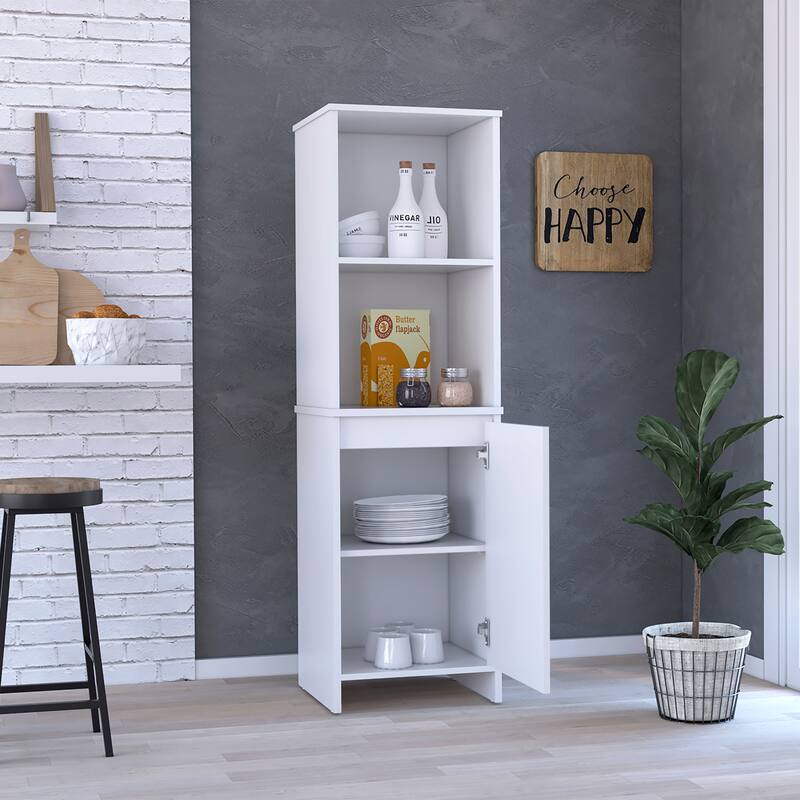 Eiffel Kitchen Pantry, Two External Shelves, Single Door Cabinet, Two Interior Shelves White -White