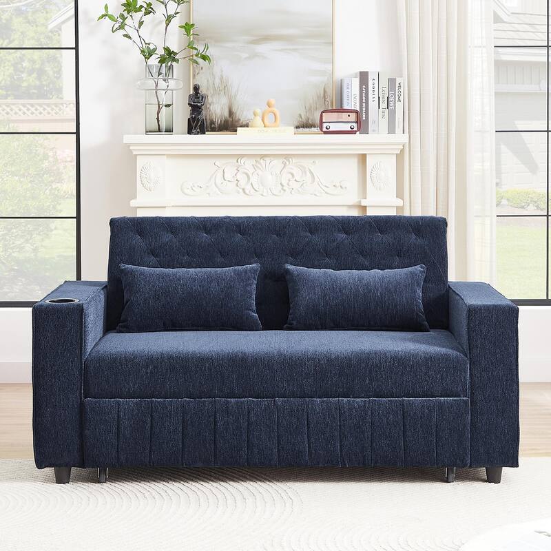 61.41" Chenille Convertible Sofa Bed with Adjustable Backrest, USB & Cup Holders