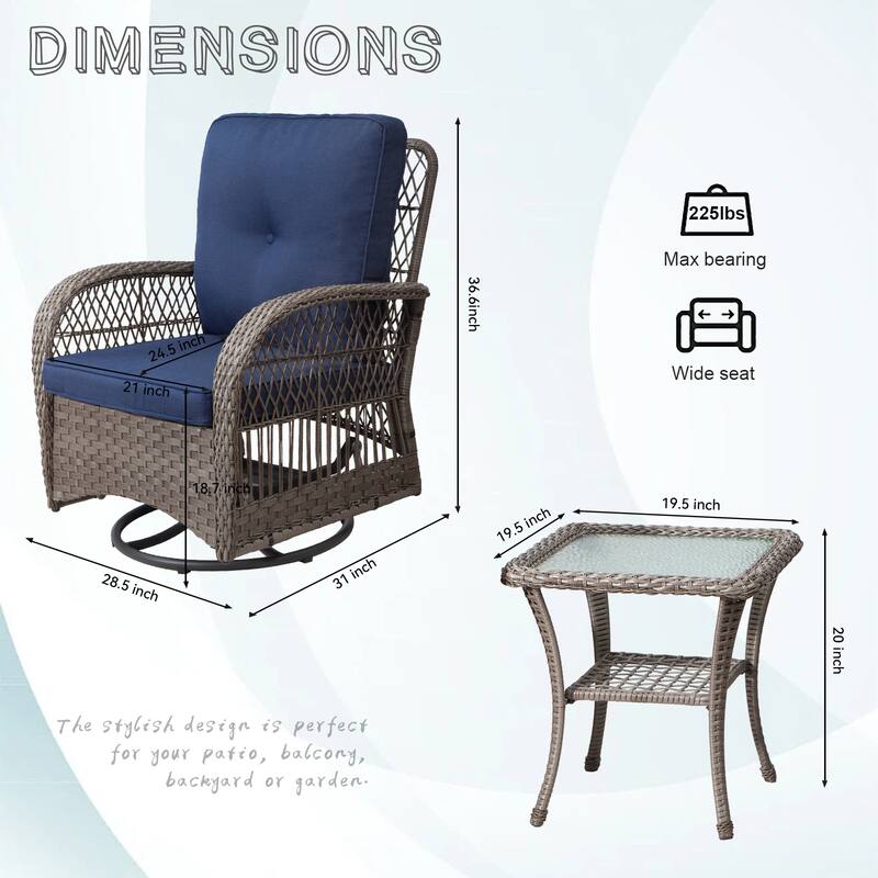 Cozywor 3-Piece Wicker Outdoor Patio Swivel Rocking Chair Set
