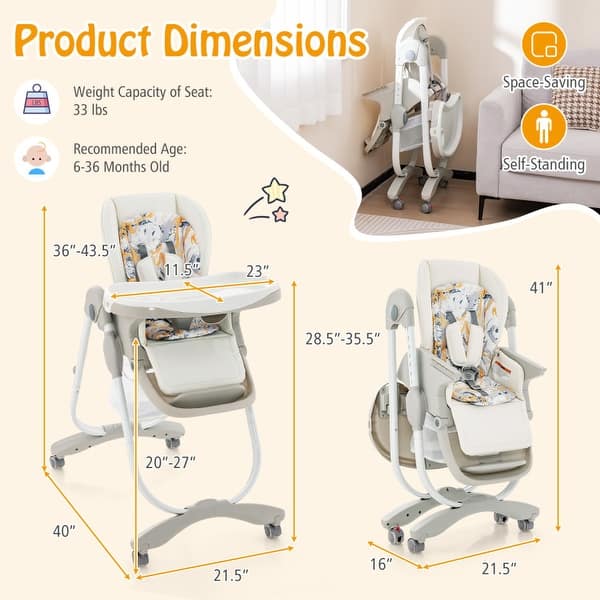 Multifunctional Folding Baby High Chair with Rolling Wheels and Adjustable Height - 40" x 23" x 36"-43.5"(L x W x H)