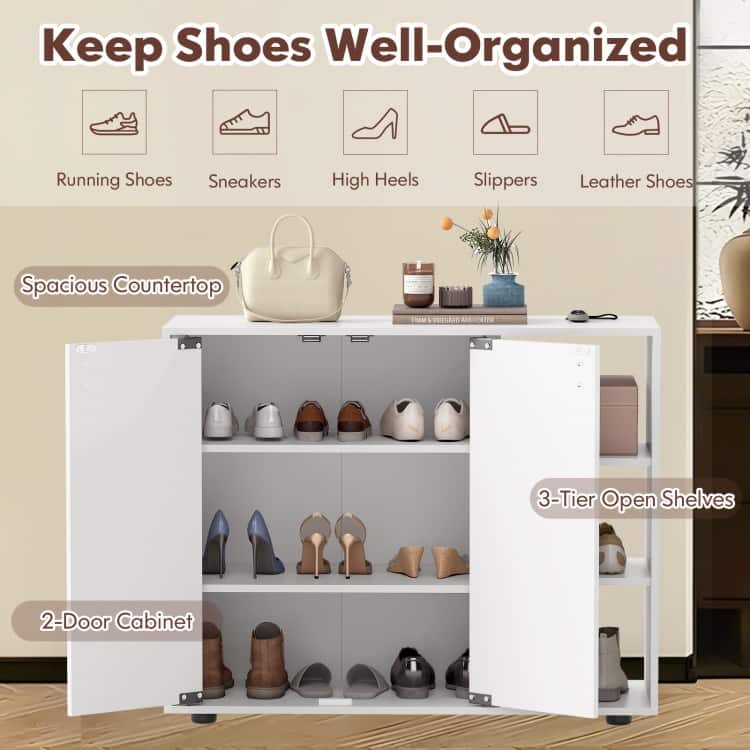 Shoe Storage Cabinet with Doors and Open Shelves Adjustable Wooden Entryway Organizer - 31.5" x 12" x 25.5"