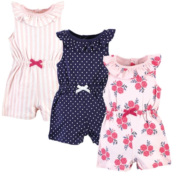 slide 1 of 1, Hudson Baby Infant Girl Cotton Rompers, Pink Navy Roses 0 - 3 Months - Blue/Pink