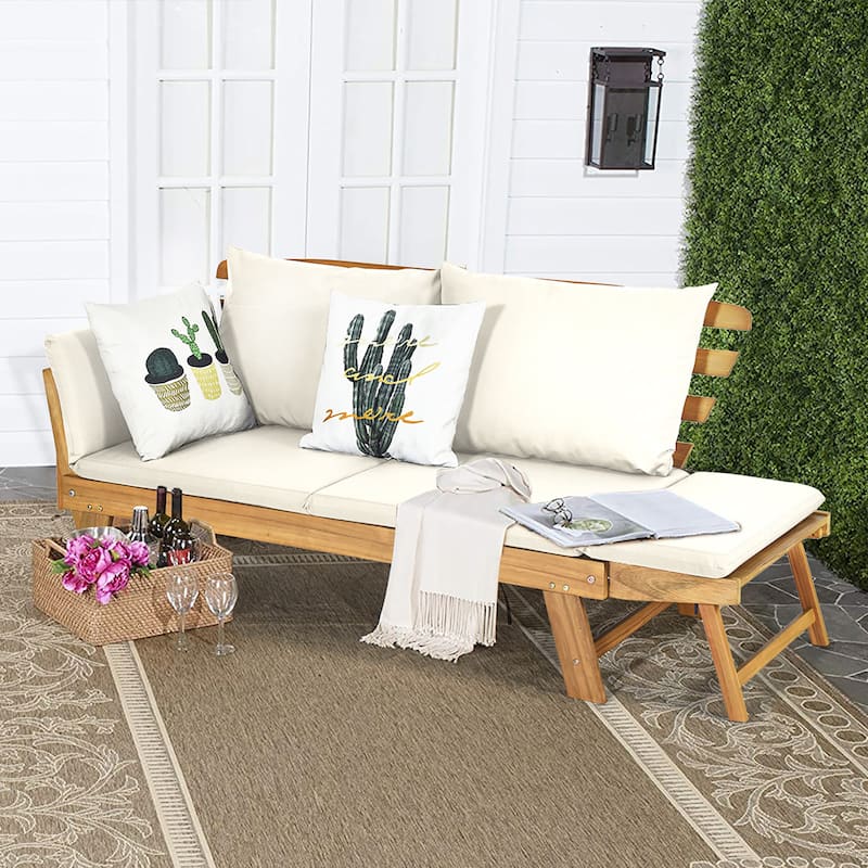 Acacia Wood Patio Convertible Sofa Bed with Adjustable Armrest