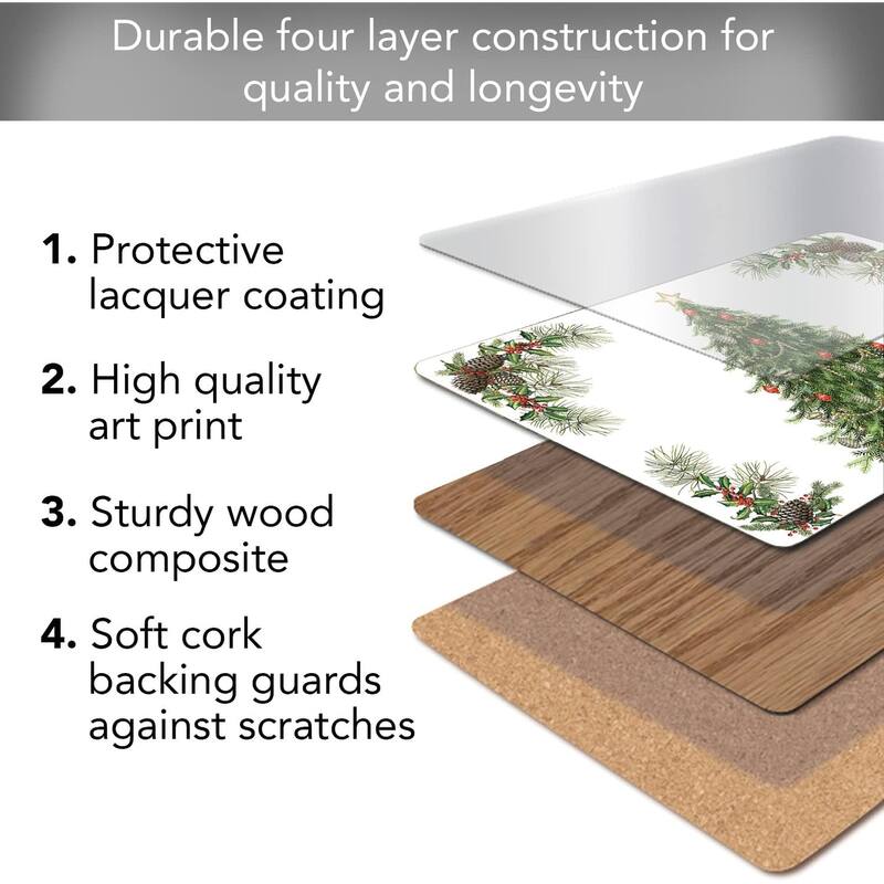 Christmas Tree Premium Decorative Hardboard Cork Back Tabletop Placemats 4 Pack Manufactured in The USA Heat Tolerant