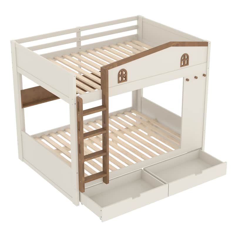 Queen over Queen Bunk Bed with Storage Drawers, Shelves & Hooks