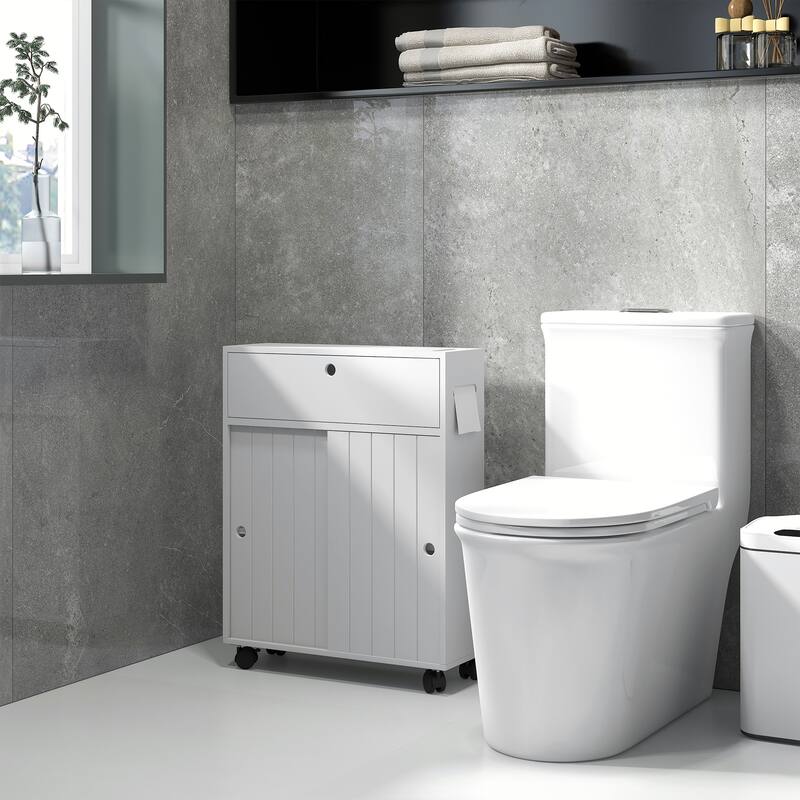 kleankin Toilet Paper Cabinet, Slim Bathroom Cabinet with 4 Rolling Wheels, Small Bathroom Storage Cabinet with Paper Holes