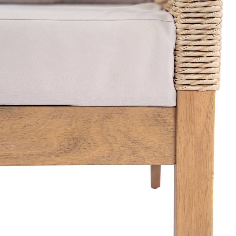 Acacia Wood 3-Seater Patio Sofa with Rope Weave - Outdoor Teak-Look Sofa with Beige Cushions & Pillows for Garden, Poolside