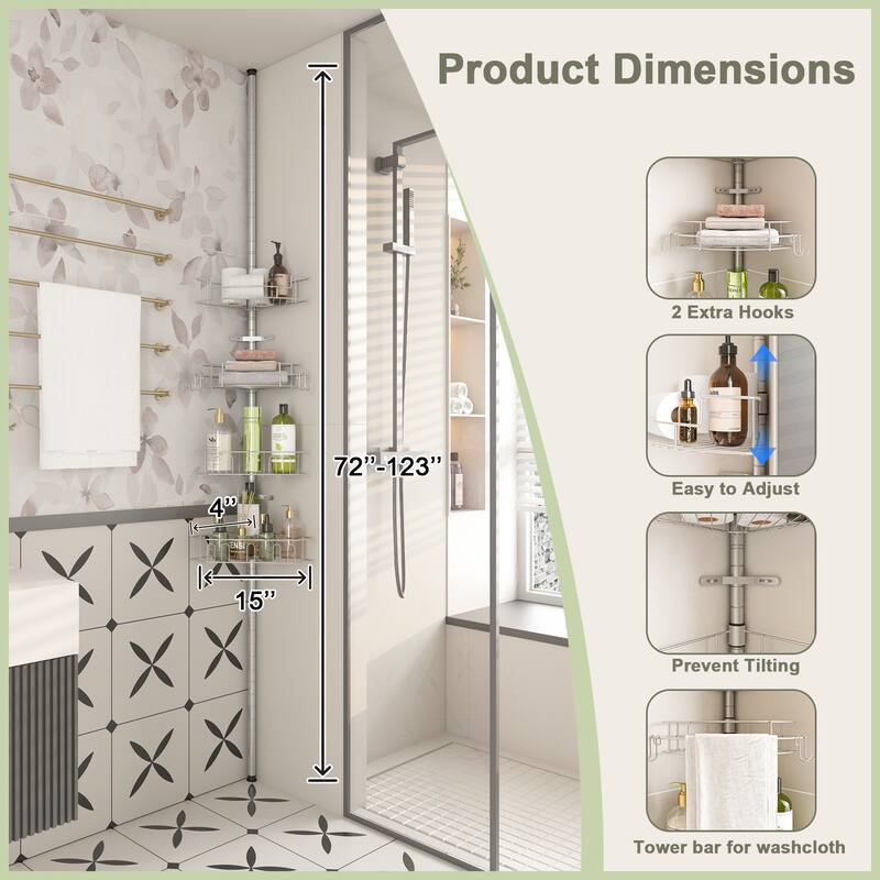 Tension Pole Corner Shower Caddy with 4 Adjustable Baskets