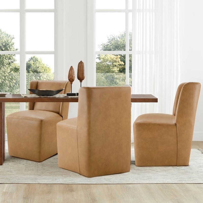 Spruce & Spring Iris Modern Upholstered Fabric Dining Chair with Casters - Set of 3 - Cognac-Faux Leather