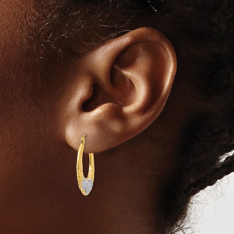 Curata 14k Yellow Gold22x3mm and Rhodium Flowers Hoop Earrings