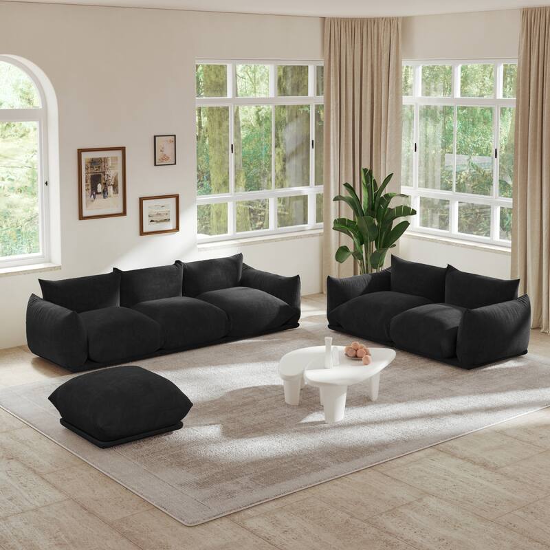 Chenille Fabric Modular Sectional Sofa Set with Ottoman - Black