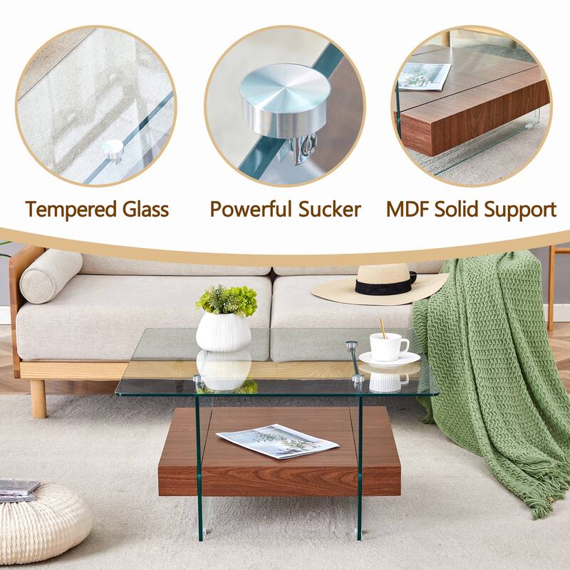 Roomfitters Square Glass Coffee Table with Walnut Finish, Two-Tier Modern Accent Table for Compact Spaces