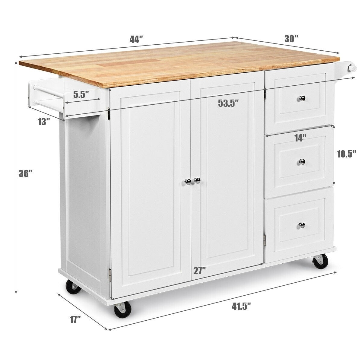 Drop-Leaf Kitchen Island Trolley Cart Wood Storage Cabinet - 53.5