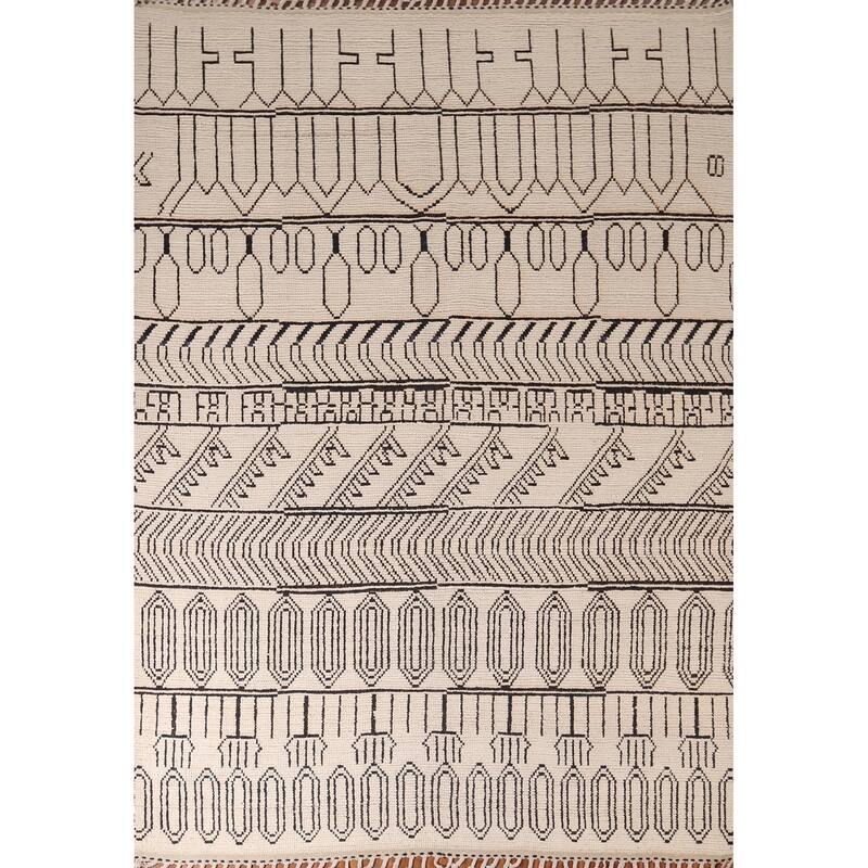 Beige Geometric Moroccan Area Rug Handmade Wool Carpet - 7'11"x 10'3"