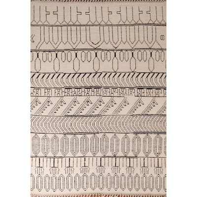 Beige Geometric Moroccan Area Rug Handmade Wool Carpet - 7'11"x 10'3"