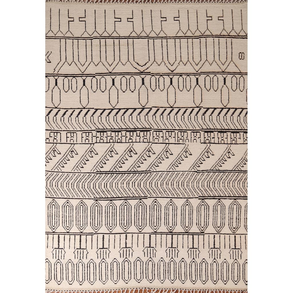 Beige Geometric Moroccan Area Rug Handmade Wool Carpet - 7'11"x 10'3"