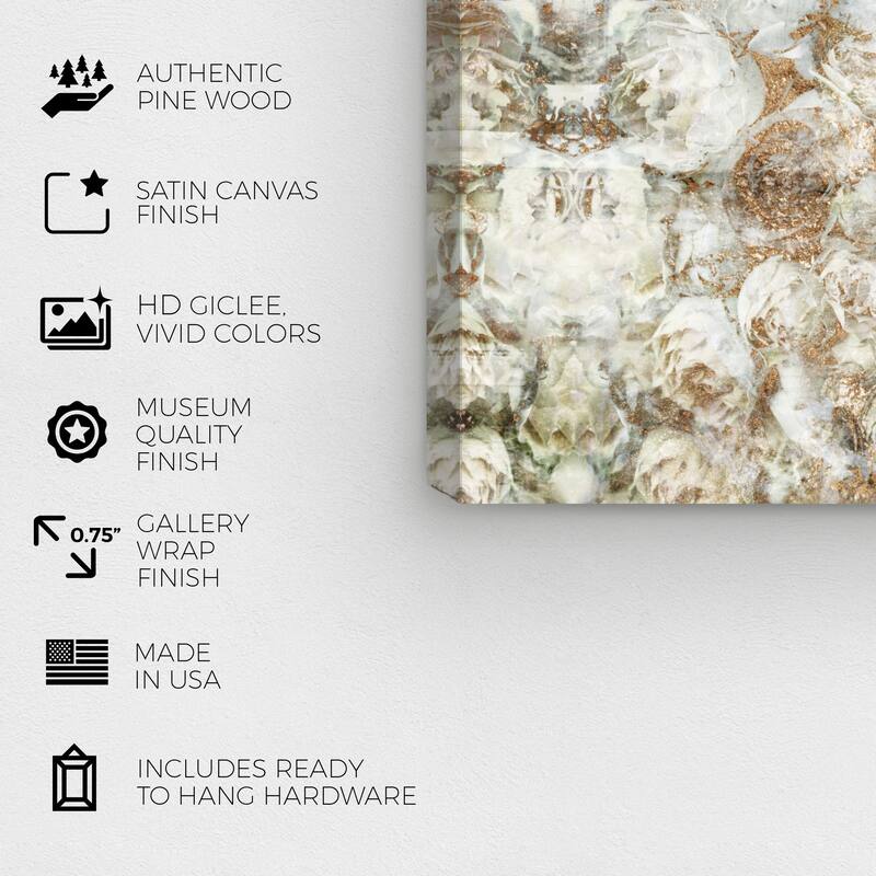 Wynwood Studio Canvas Floral and Botanical Golden White Roses Gold and Metallic Gold Traditional Wall Art Canvas Print